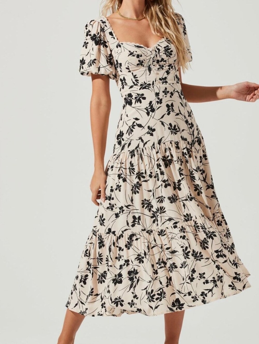 Astr Floral Midi Dress in Cream and Black